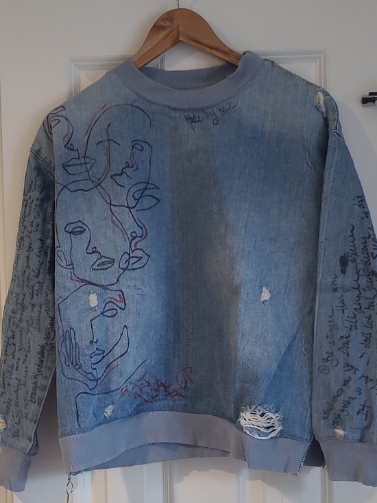 Zara Sweaters - Zara Light Blue Denim-Effect Crewneck Sweatshirt with Sketch Graphics
